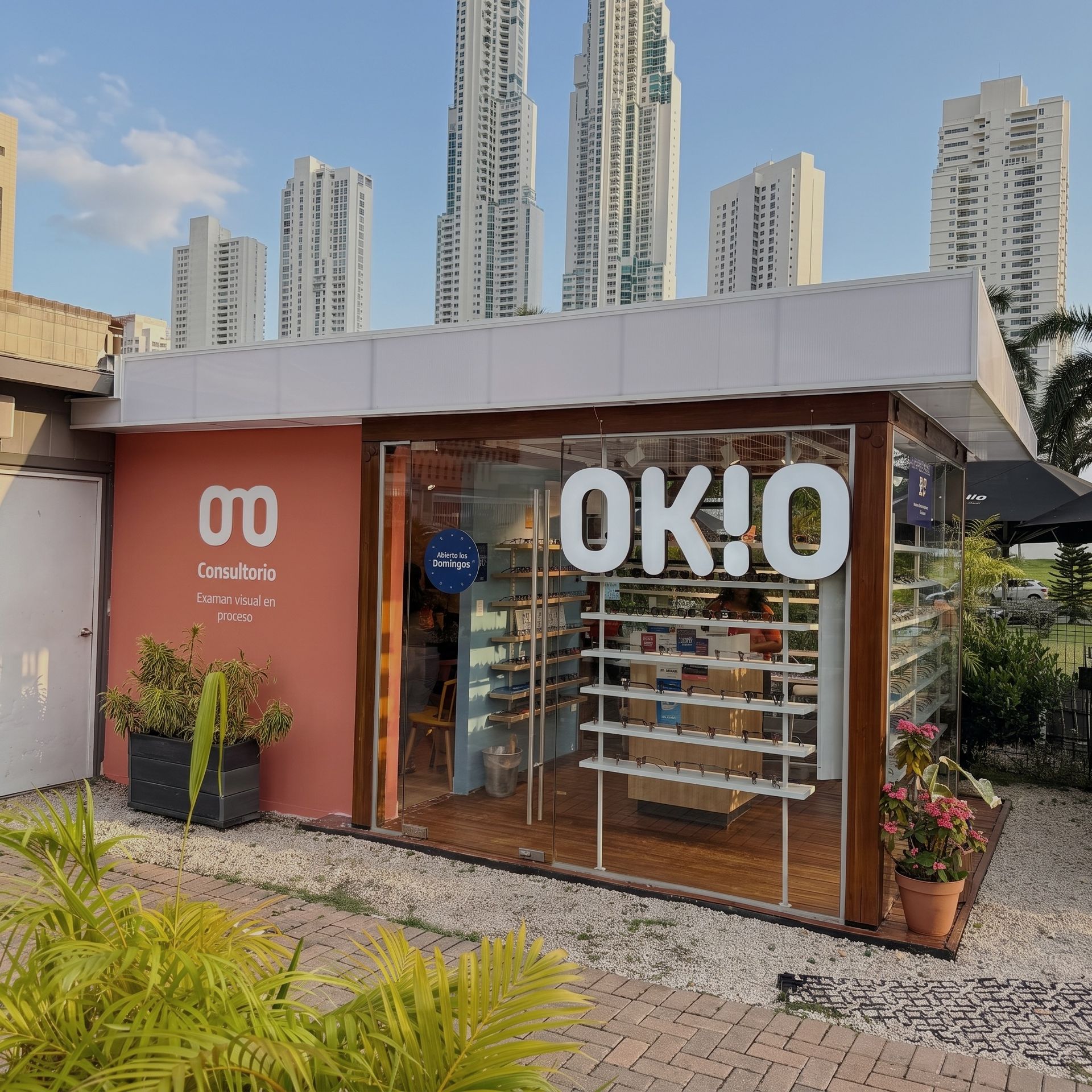 Kiosco OKIO El Patio con skyline de Panamá
